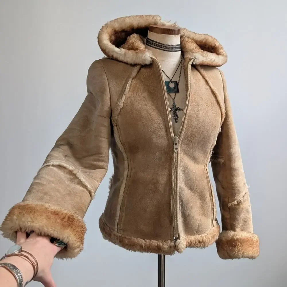 Vintage Tan Suede Shearling Coat Brown Wool Jacket Boho Chic Fur Coat Hood XS - Picture 4 of 12